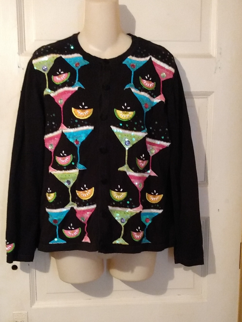 Margarita Cocktail Maximalist Cardigan Vtg Black Lime Blue Pink Lemon